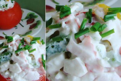 Tomates rellenos de gambas y cangrejo