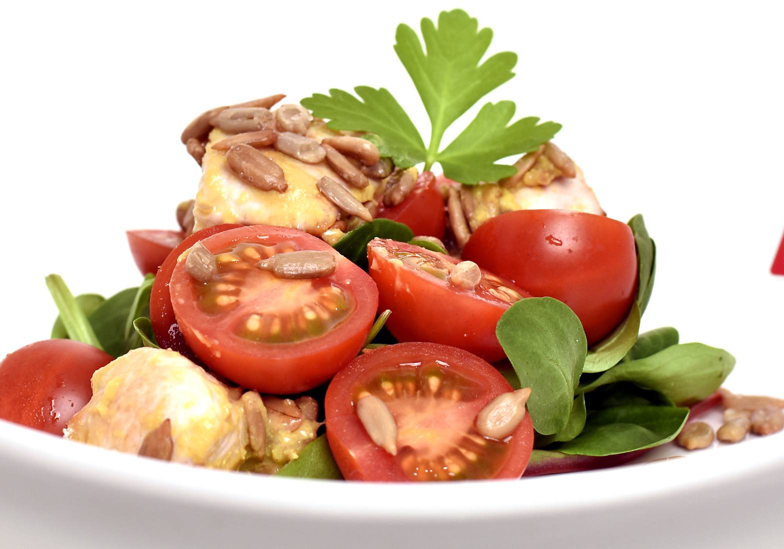 Ensalada de pavo con pipas de girasol y brotes tiernos