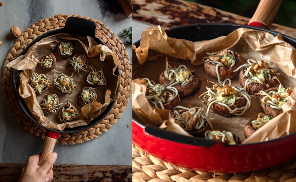 Champiñones rellenos de gulas, nueces y trufa